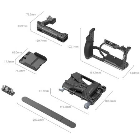 SmallRig 6113 - zestaw (klatka, uchwyt górny, płytka V-Mount z osłoną LCD, zapięcie, zacisk HDMI) do Nikon ZR - wymiary